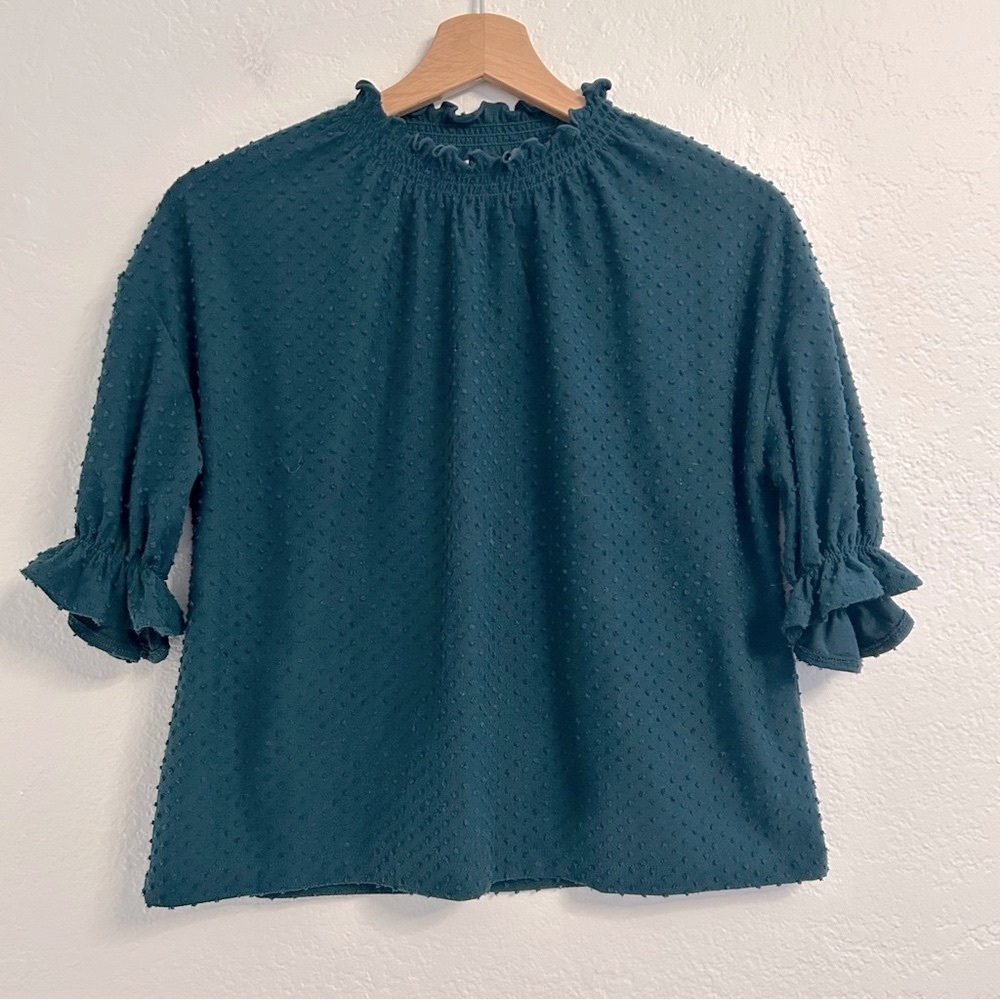Madewell Dark Green Swiss Dot High Neck Short Sleeve Blouse, Size XS